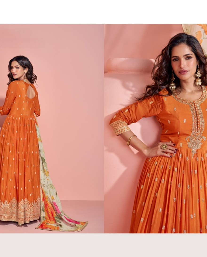 5793 - ORANGE DESIGNER EMBROIDERED PREMIUM CHINON SILK ANARKALI GOWN